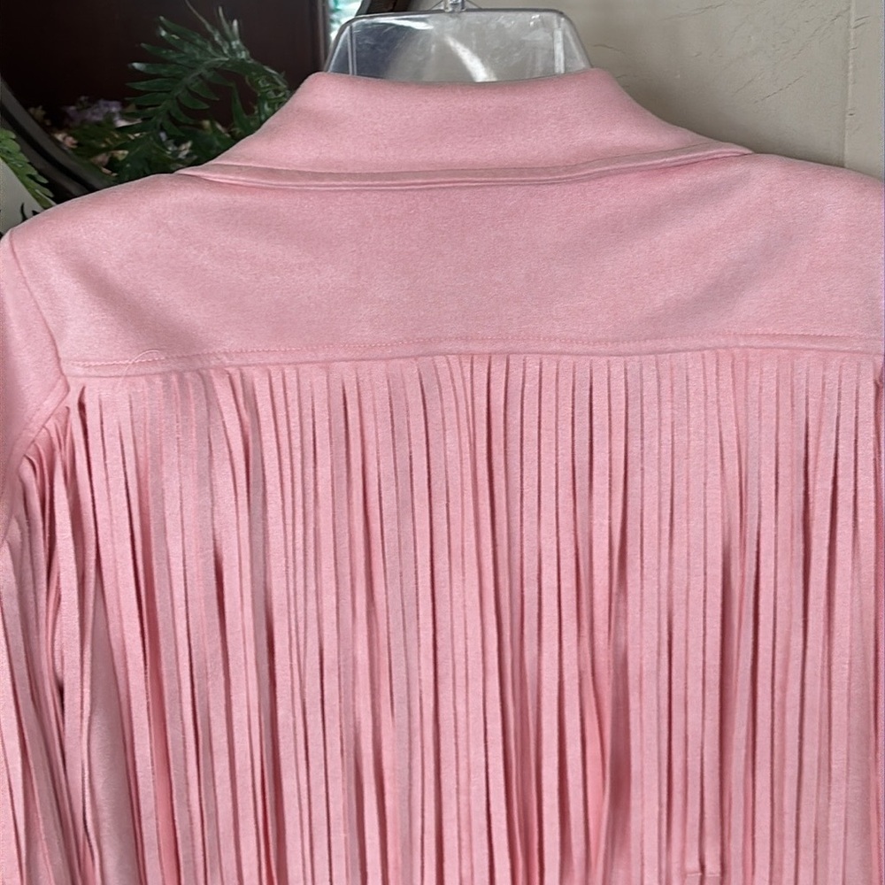 NWOT Pink Fringe Jacket Faux Suede Cropped Western Moto Tassel Cowgirl Pastel - Picture 11 of 14